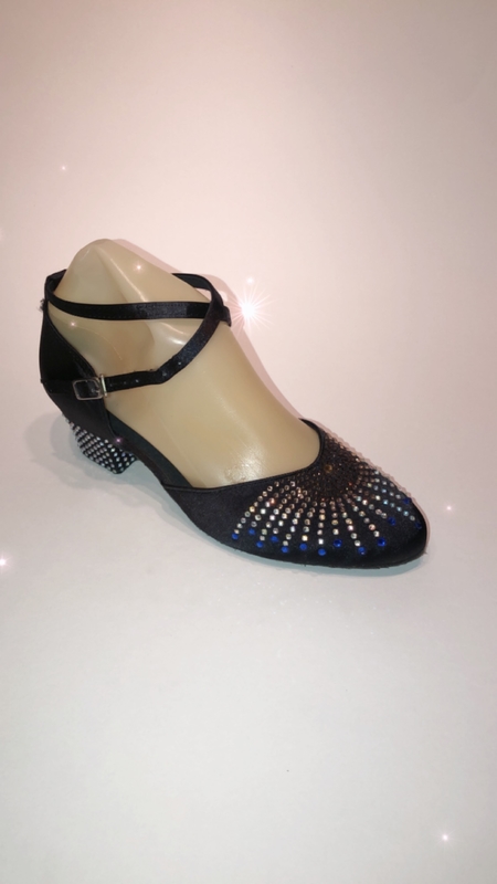 756-BK -Black satin close toe with two colour diamanté 