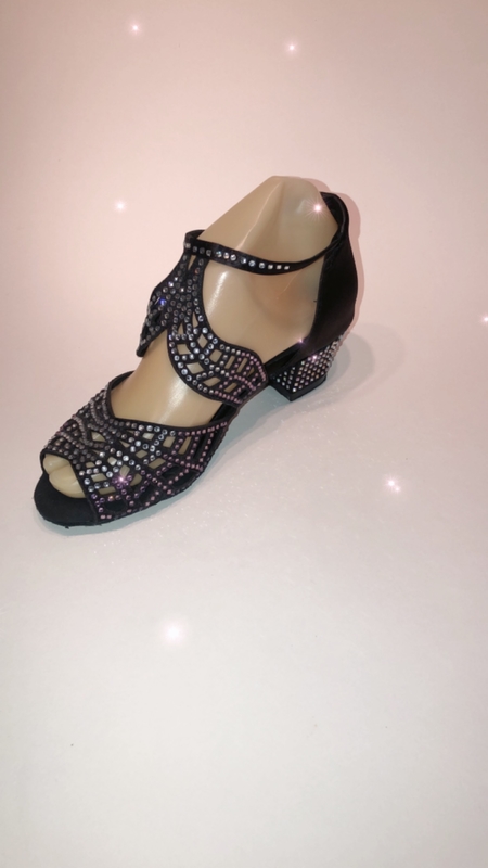 201530 -Black satin with pink Diamanté’s high Cross strap