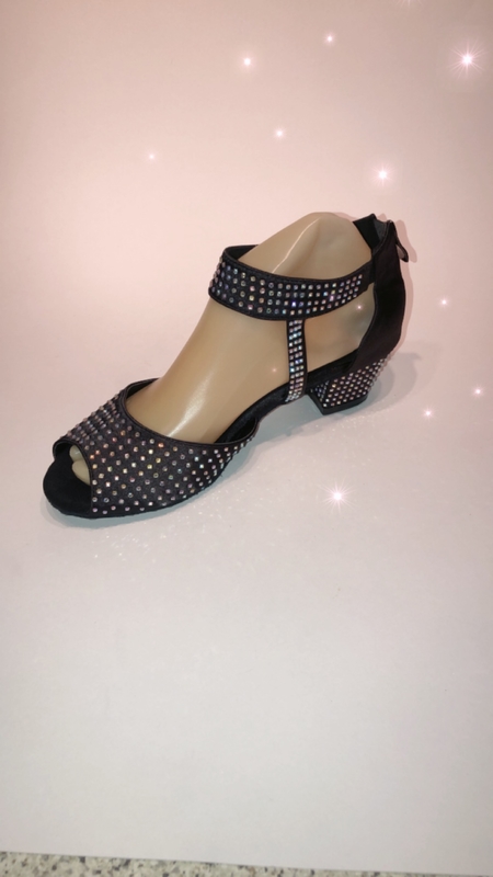 BB-10-BK -Diamanté Black satin open toe high ankle strap zip up