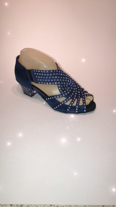 1578-NB -Navy blue satin diamanté pull on sandals