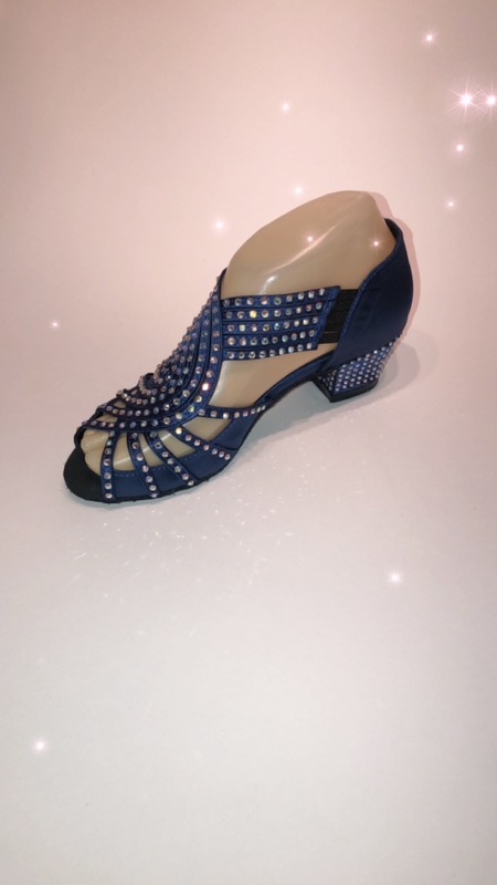 1578-NB -Navy blue satin diamanté pull on sandals