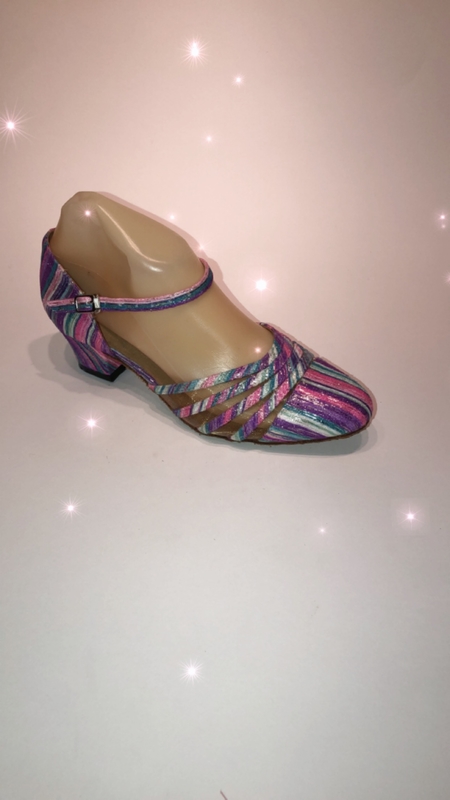 771-X -Pink striped satin closed toe shoe with strap foot support and black mesh in gaps