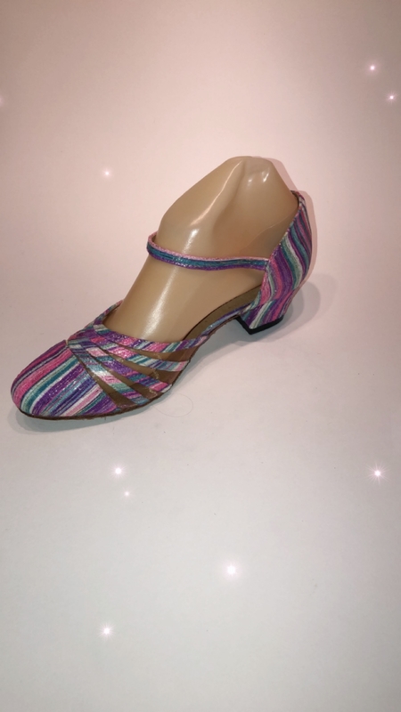 771-X -Pink striped satin closed toe shoe with strap foot support and black mesh in gaps