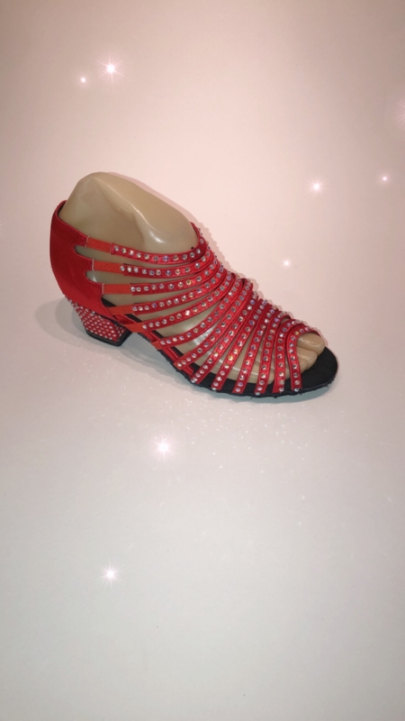 1582-R -Red strappy satin diamanté pull on sandals