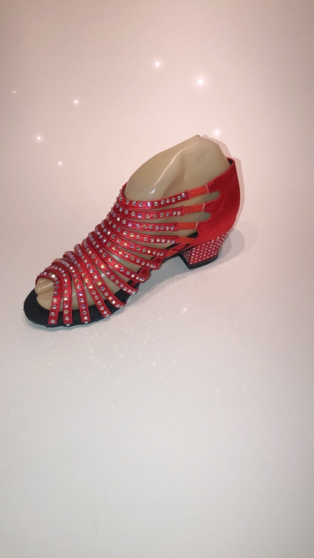 1582-R -Red strappy satin diamanté pull on sandals