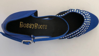 771 -Royal blue satin closed toe shoe Diamond encrusted